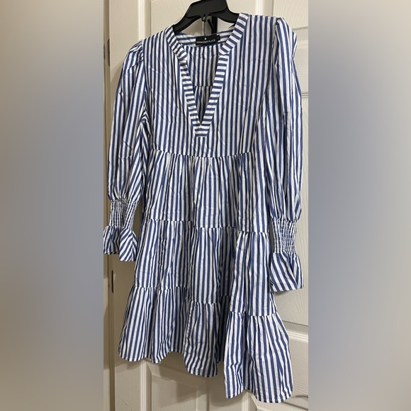 Pomander Place Blue and White Stripe Cotton Poplin Kenzo Dress Size L - Picture 2 of 6